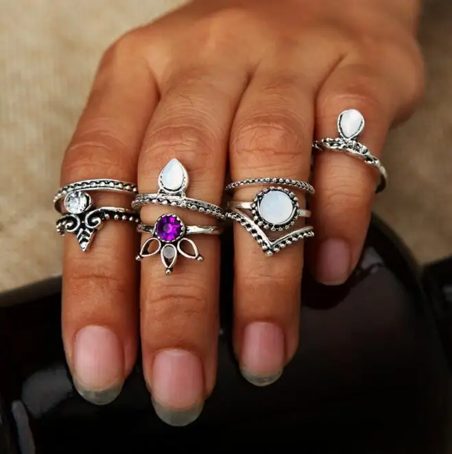 

r056 Europe and the United States Vintage Gothic Punk Crown Crystal Geometric Circle Set Rings Jewelry 8pcs/set
