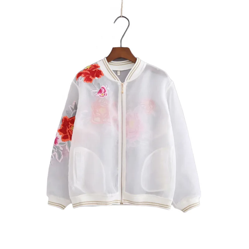 2018 autumn Women White Flower Jacket See Through Sexy Outwear Coat Lady Casual Embroidery Baseball Jackets Tops Coats