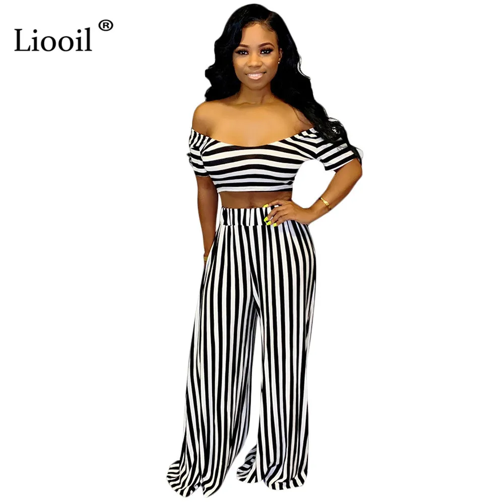 

Liooil Black And White Striped 2 Piece Set Women Club Outfits Off Shoulder Sexy Tshirt Top And Wide Leg Long Pants Matching Sets