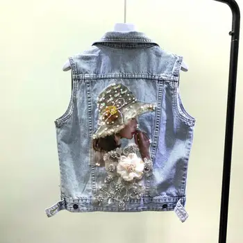 

European Style denim Vest Coat Women Embroidery Sequins Cartoon Floral Beading Waistcoat Slim Girls Vest Plus Size 2xl r1317