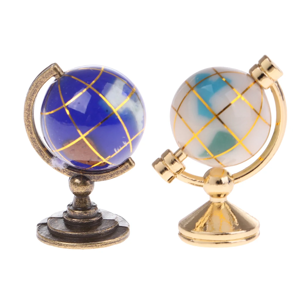 2Pcs Globes w. Golden Stand Dollhouse Study Decor 1:12 Doll House Miniature