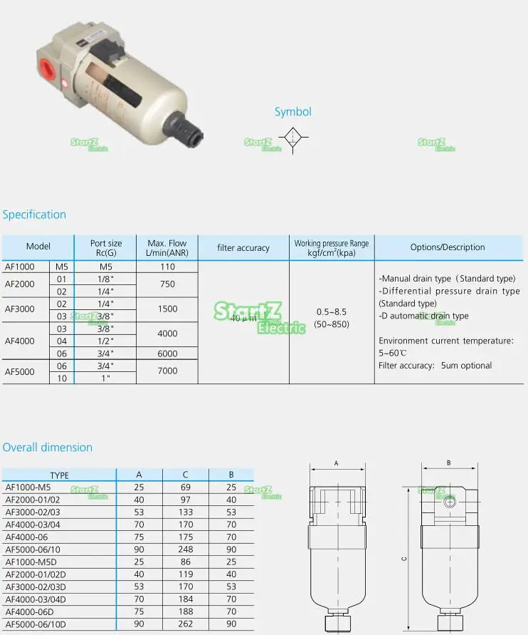 Воздушный фильтр AF2000-02D G1/", источник очистки воздуха SMC тип автоматического слива