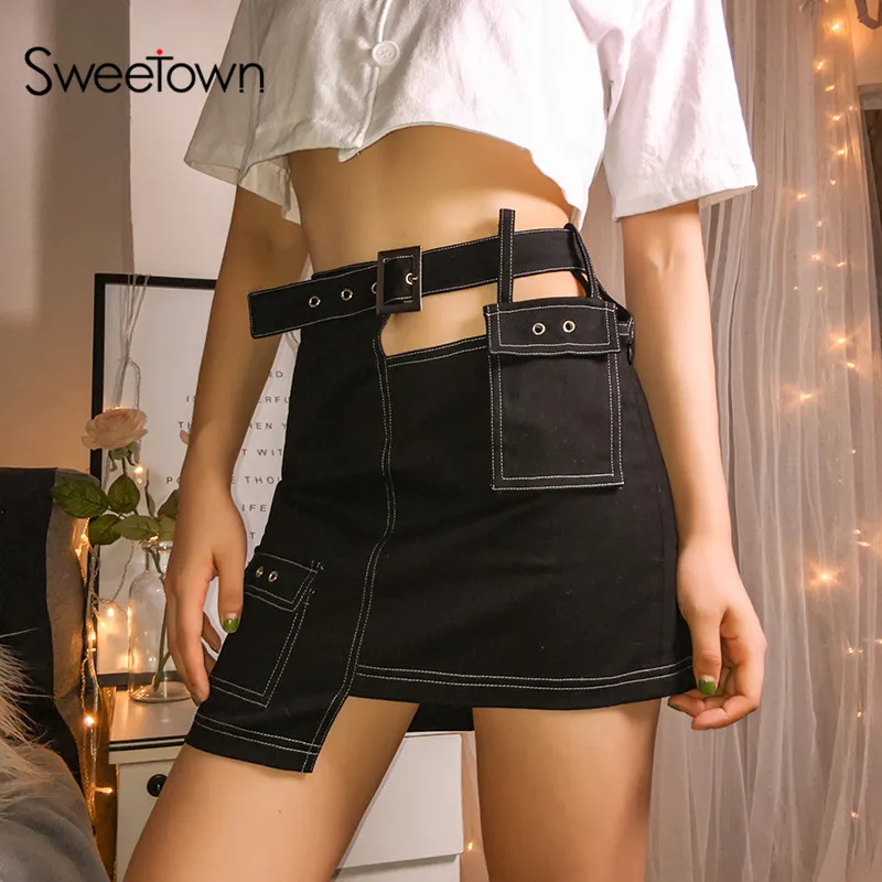 

Sweetown Hollow Out Punk High Waist Skirt Summer Streetwear Korean Style Women Asymmetrical Straight Mini Skirt With Sashes