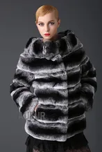 Women Real Rex Rabbit Fur Coat Chinchilla-like Striped Jacket Big Fur Collar Outwear Thick Overcoat with Pockets Winter AU00629