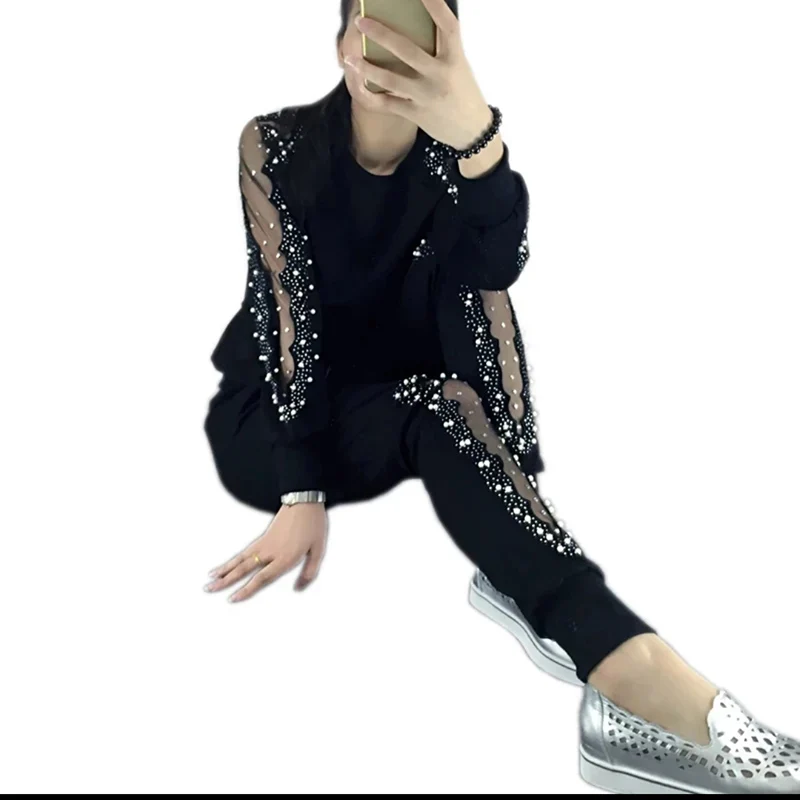 

plus size 4XL Autumn Black Two Piece Set Women Long Sleeve Hollow Beaded 2Piece Set Women Round Neck Elastic Waist Suit Female