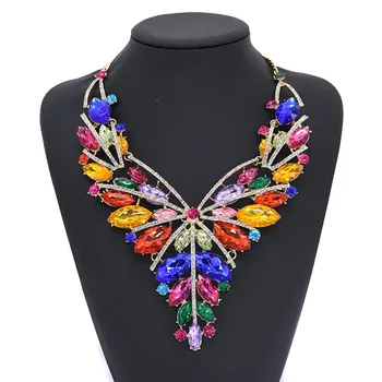 

Colorful Stones Statement Choker Necklace Crystal Flower Necklaces Pendants Maxi Large Collar Big Bib Necklace For Women