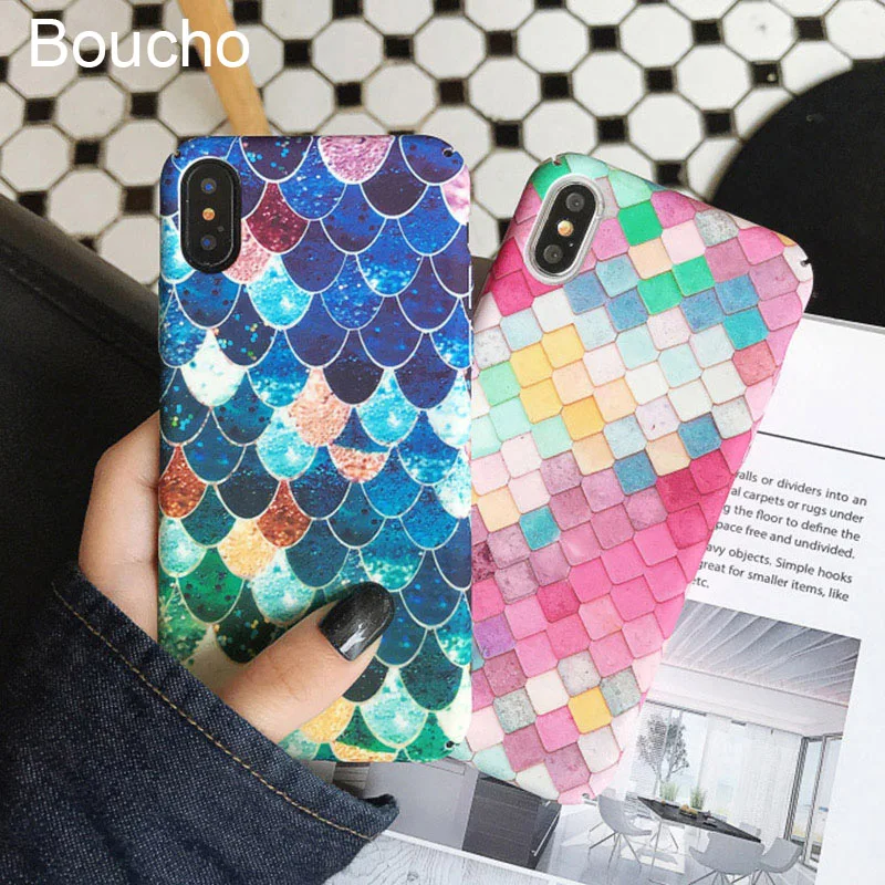 

Boucho Colorful Cartoon Fish Scales Phone Case For iPhone XS MAX XR X Hard PC Matte Cover For iPhone 8 7 6 6S Plus Fashion Cases
