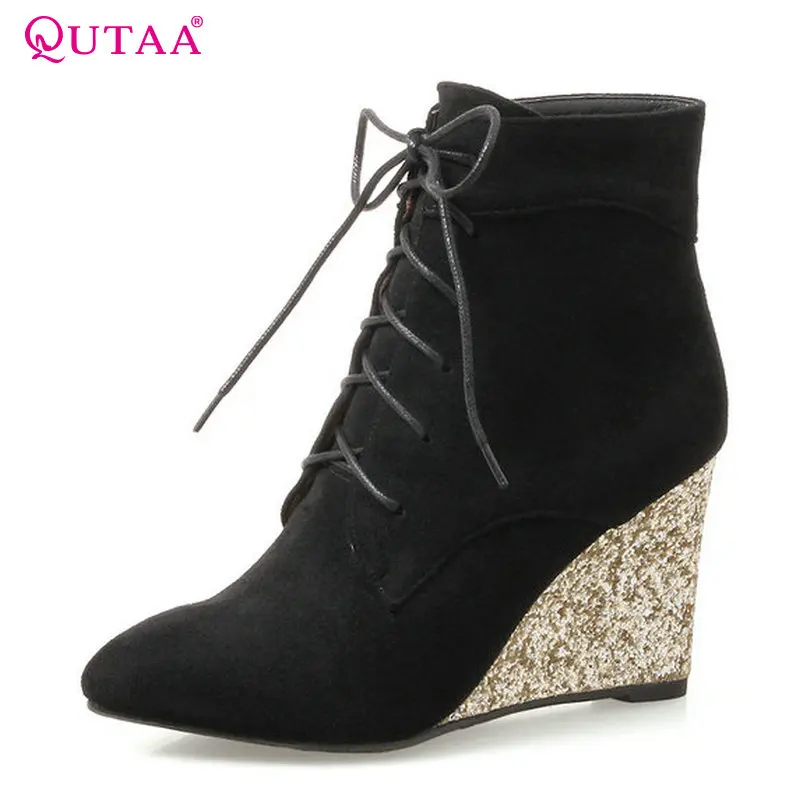 

QUTAA 2018 Women Ankle Boots Wedges Heel Pink Fashion Lace Up Pointed Toe Westrn Style New Spring/Autumn Women Boots Size 34-42
