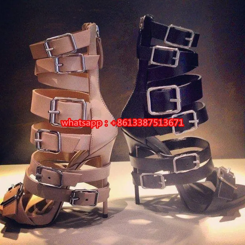 

Luxury Brand Buckles Coil Gladiator High Heels Sandals Boots Open Toe Buckle Belts Stiletto High Heel Back Zip Cool Shoes Woman
