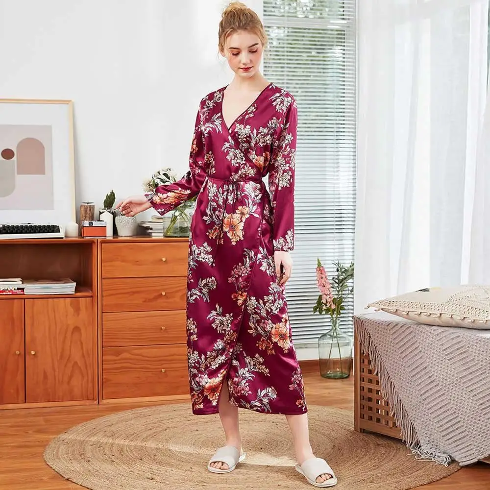 DANALA Женское ночное белье халаты кимоно осень длинный рукав цветочный принт женские халаты ночной халат домашняя одежда для женщин - Цвет: Robe Women-Red