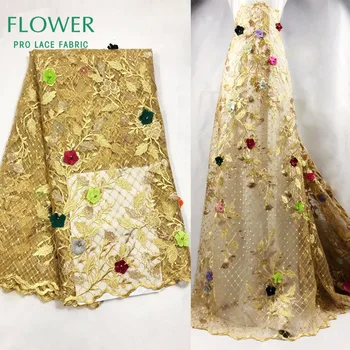 

Colorful 3D Flower Guipure Net Lace Beads Fabric African Gold Line Embroidery Mesh Tulle Wedding Fabric 3D Applique Net Material
