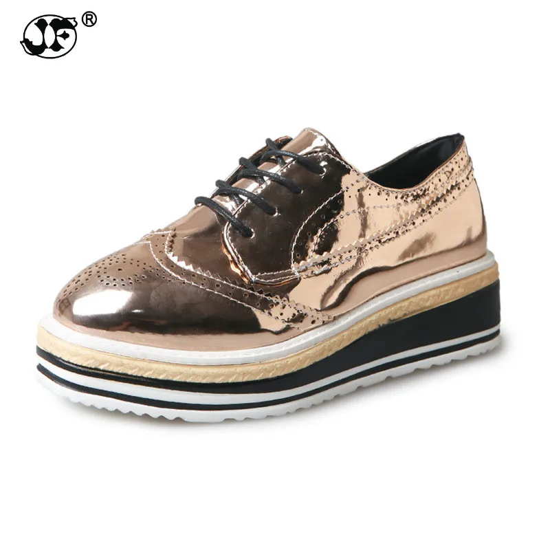 

Women Platform Oxfords Brogue Flats Shoes Patent Leather Lace Up Pointed Toe Brand Female Footwear Shoes for women Creepers 99