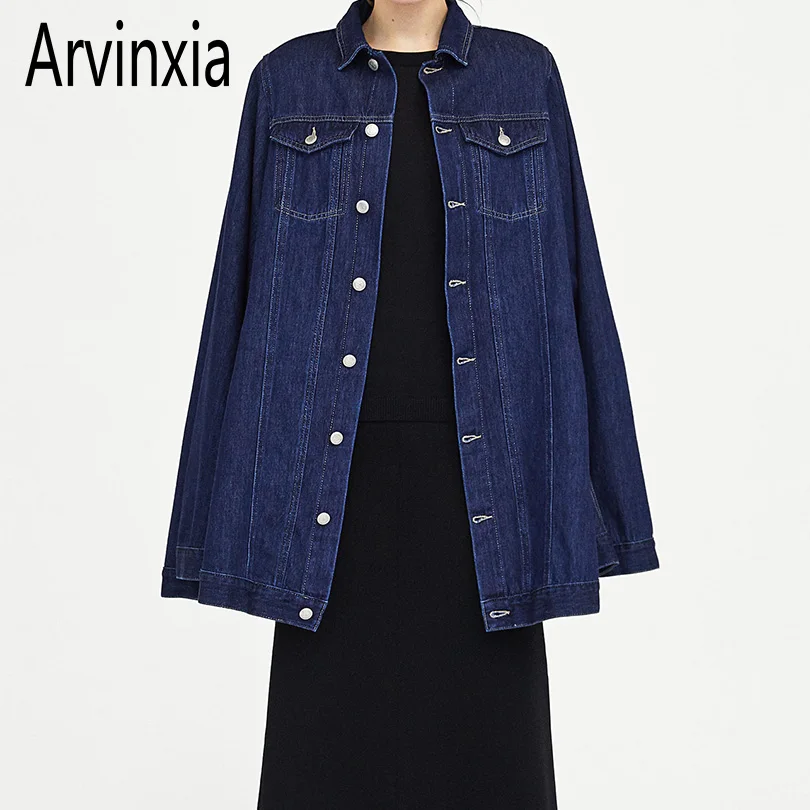 

Arvinxia ZA Casual Solid Open Front Woman Denim Trench New Pocket Loose Women Street Coats Fashion Buttons Outwear Ladies Trench