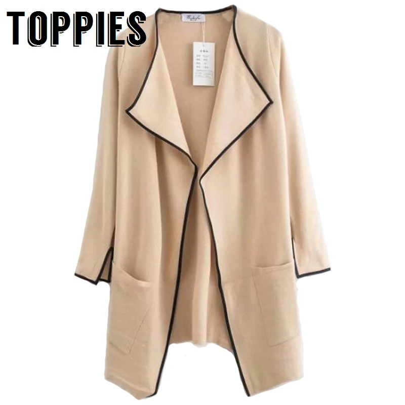 

2019 Spring Faux Suede Trench Coat Women Knitting Cardigan Khaki Windbreaker Hit Color Long Trench for Women