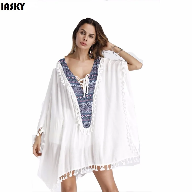 IASKY 2018 New Tassels Beach Caftan Swimsuit Cover up plus size Women