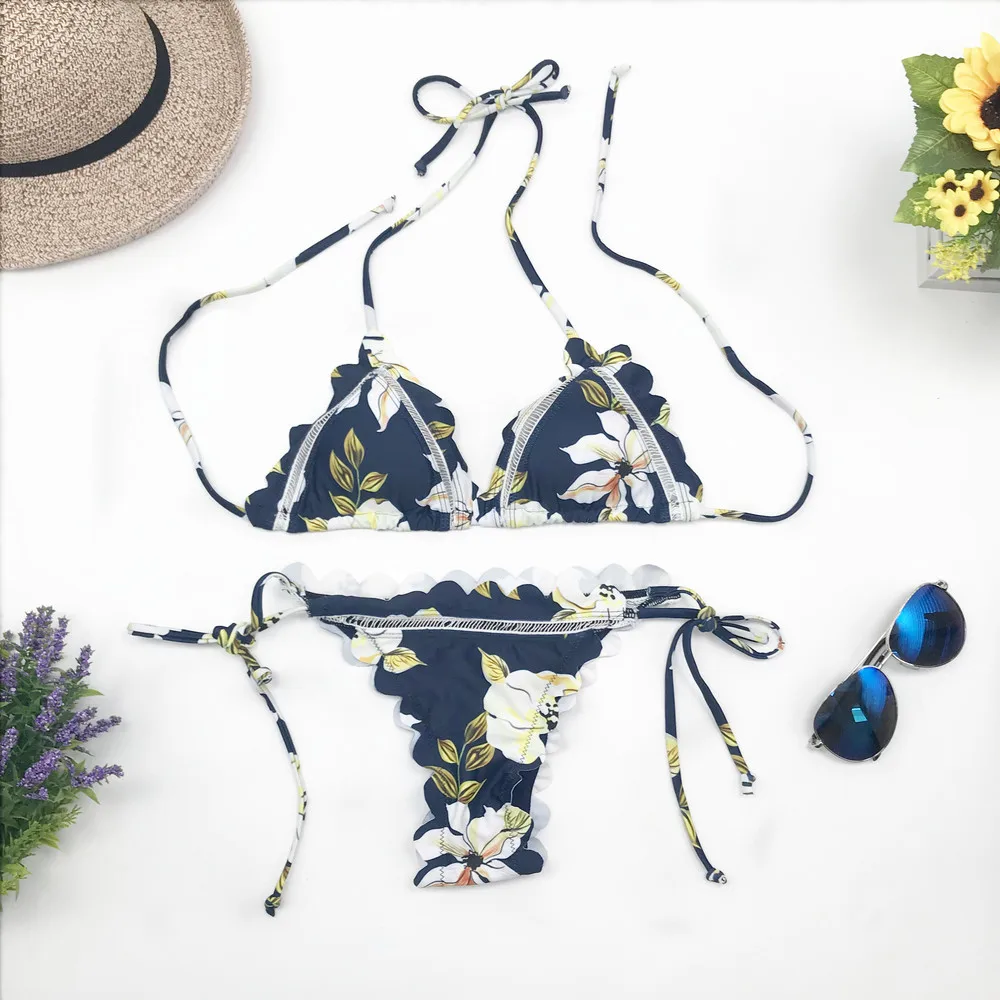 

Sexy Bikini String Thong Bandage Woman Bikini Set 2019 Scalloped Swimwear Wave Edge Women Swimsuit Brazil Biquinis Bathing Suits