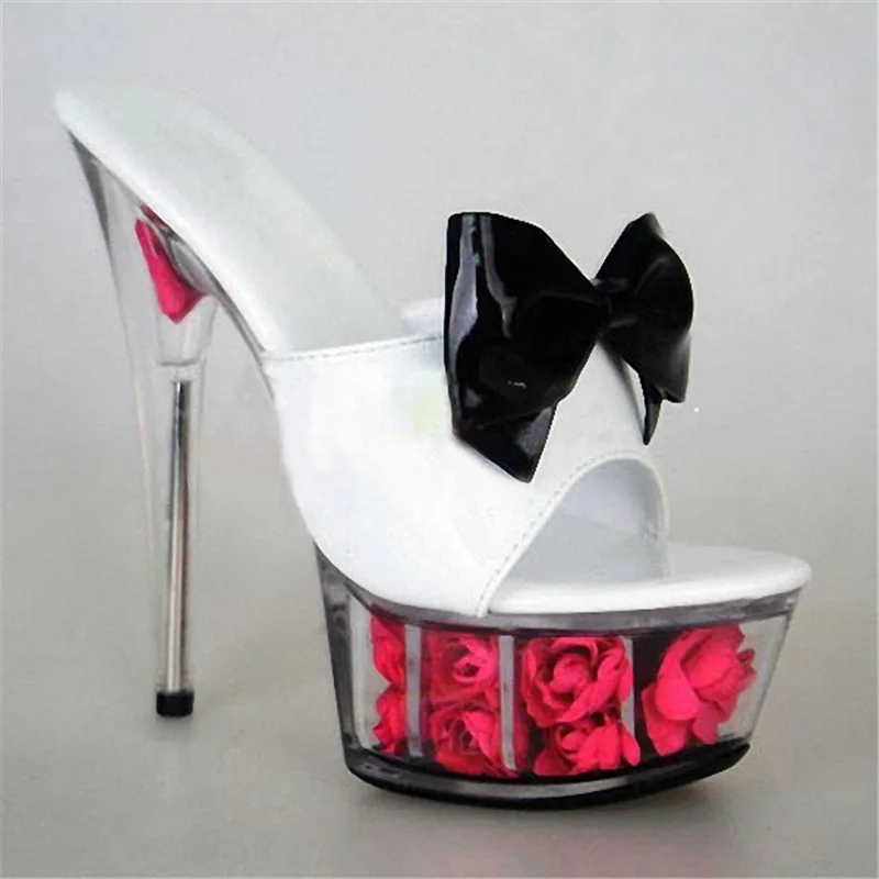 15 cm high heel rose decoration platform, bow sexy sandals transparent 6-inch crystal dancing shoes