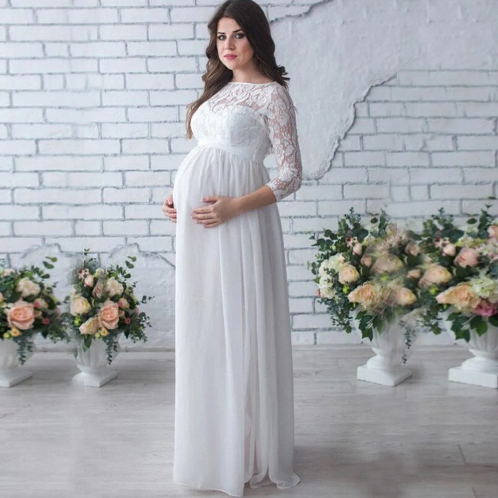 Elegant Lace Chiffon Evening Pregnant Dresses Modest Long Sleeves ...