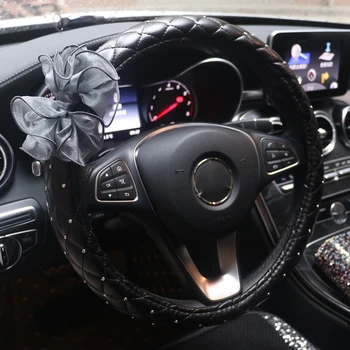 

Fashion Lace PU Leather Car Steering Wheel Cover Crystal Rhinestone Auto Accessories For Women Girls Steering-Wheel Covers 38cm