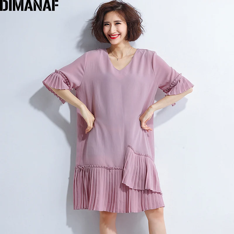 

DIMANAF Women Dress Summer Plus Size Female Office Lady V-Neck Elegant Vestidos Loose Spliced Ruffles Pleated Solid Pink Dresses