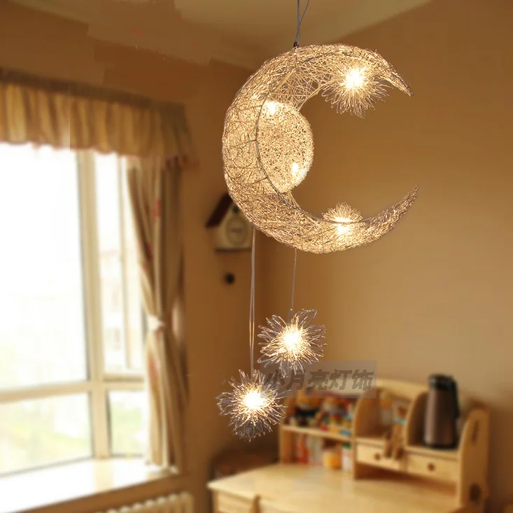 Children lamp Star Moon pendant light bird's nest aluminium wire lamp Aluminum moon lights hand knitting pendant lamps ZA