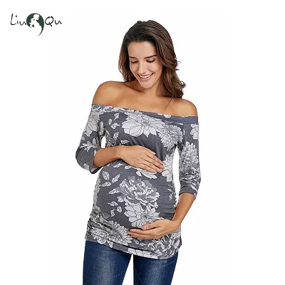 Womens Pregnancy Off Shoulder 3 Quarter Blouse Striped Top Maternity Clothes Slash Neck Pregnancy Womens Clothing ropa mujer - Цвет: pic