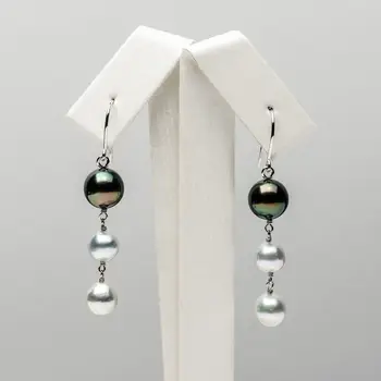 

7-8.9mm Silver Akoya Pearl Green Tahitian Pearl Triple Earrings 18k White Gold