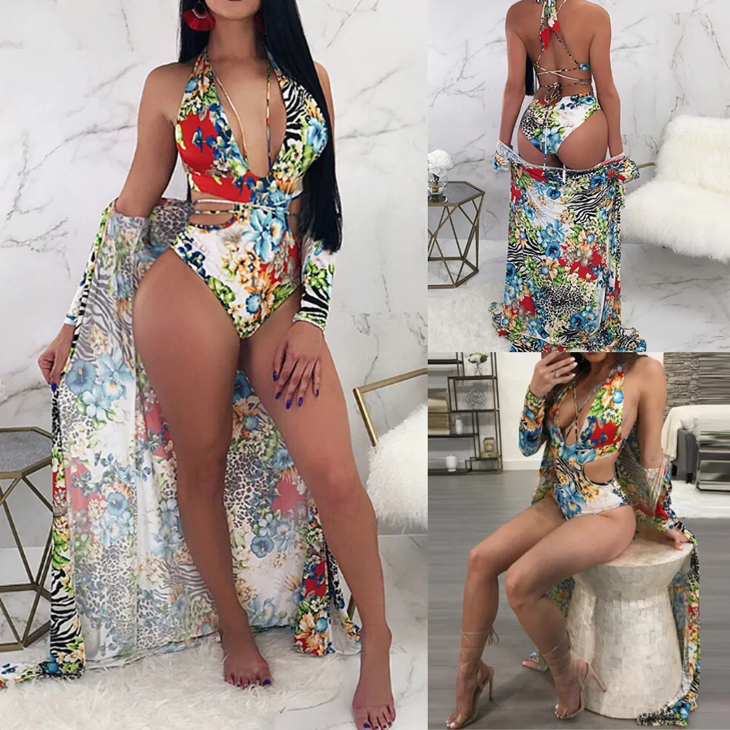 

2019 summer sexy bikini Women One-piece Flower V-Neck Swimsuit Bikini Swimwear Sandy Beach thong Halter push up Brazilian