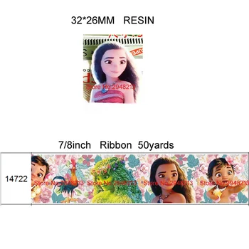 

printed cartoon Moana grosgrain ribbon and resin sets 7/8inch 50yard ribbon and 50pcs resin 1 sets REB265