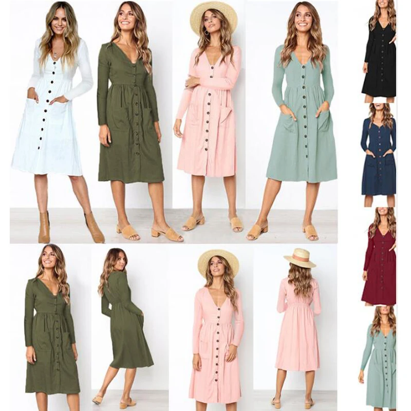 2018-Women-s-Fashion-Summer-Short-Sleeve-V-Neck-Button-Down-Swing-Midi-Dress-with (3)