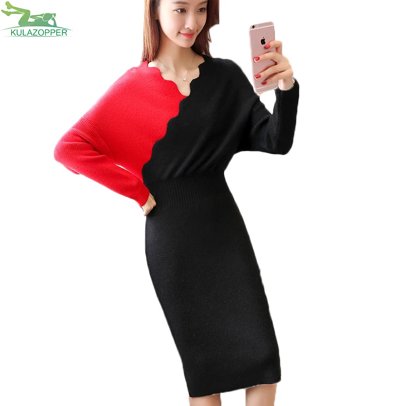 

Autumn knitted Sweater Dress 2018 New Female Long Sleeves Slim High Waist Sweater Long Contrast Color Casual Dress ER62