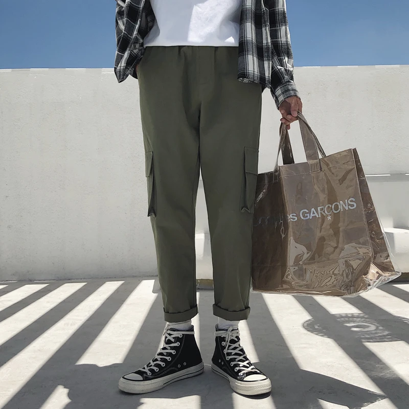 

2018 Autumn New Pattern Japan Style More Pocket Work Wide Leg Men Pants Casual Loose Solid Color Male Leisure Cotton Trouser