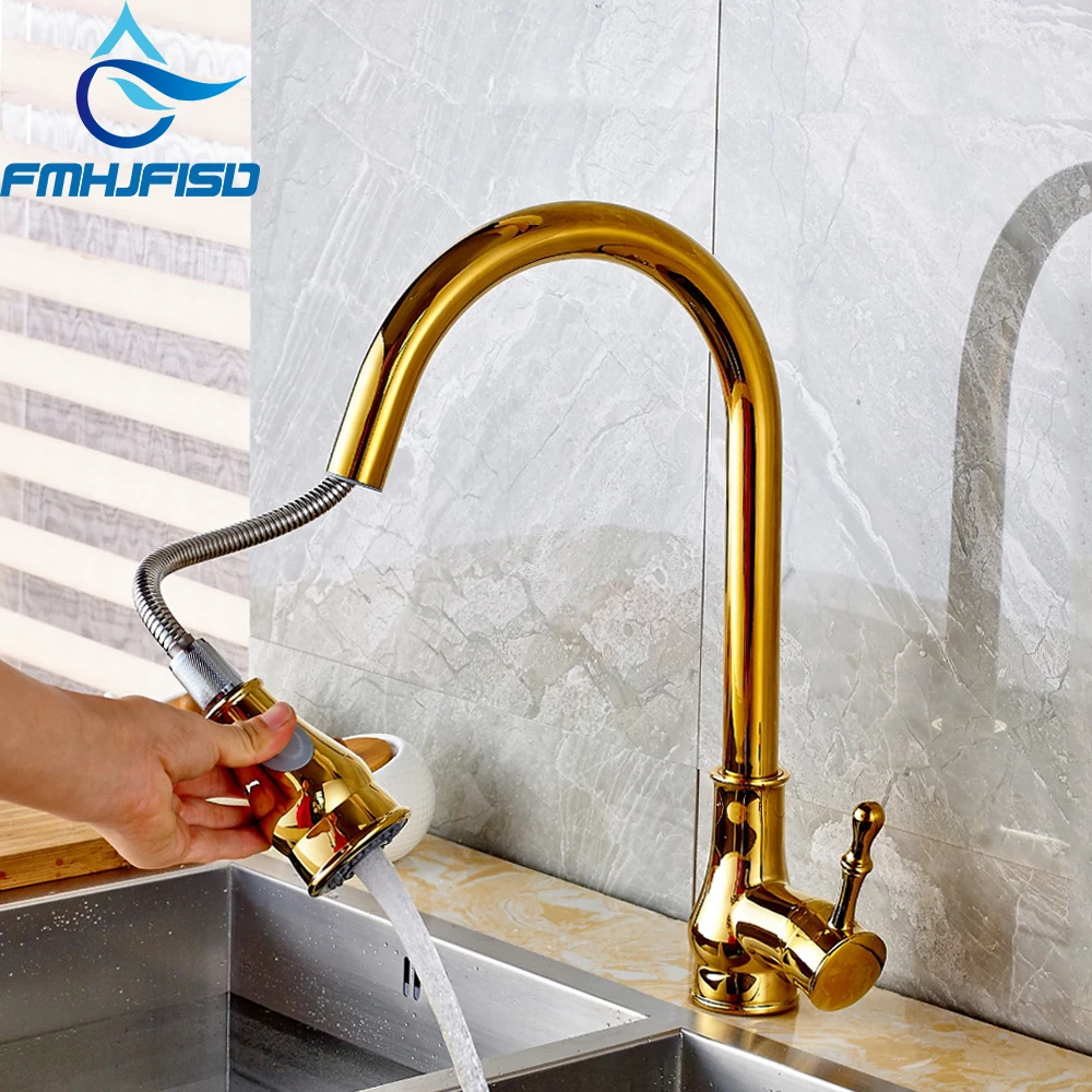 

Golden Polished 360 Rotate Kithchen Faucets Pull out Stream Sprayer Hand Kitchen Sink Hot Cold Water Tap Single Lever Mixer Tap