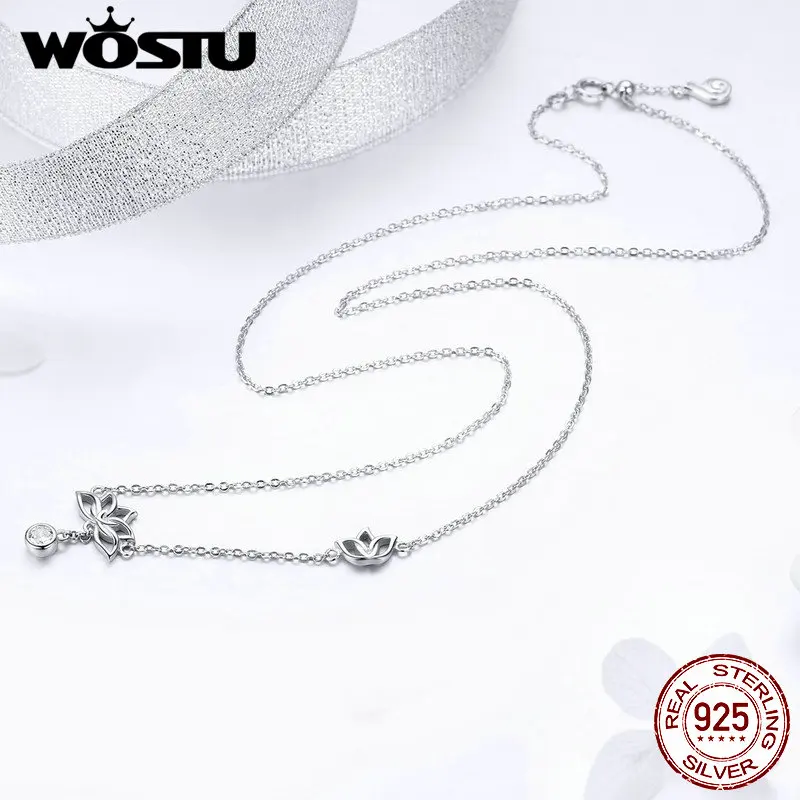 WOSTU,, модные 925 пробы, Серебряный цветок лотоса, оригинальные подвески, ожерелья для женщин, роскошные свадебные серебряные украшения, FNN012