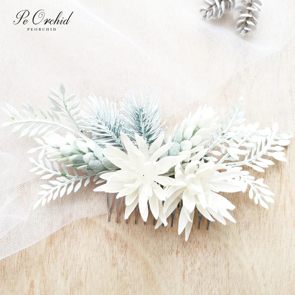 

PEORCHID Artificial White Flowers Bridal Hair Comb Green Leaves Floral Rustic Brides Hair Vine Boho Wedding Hair Accessories
