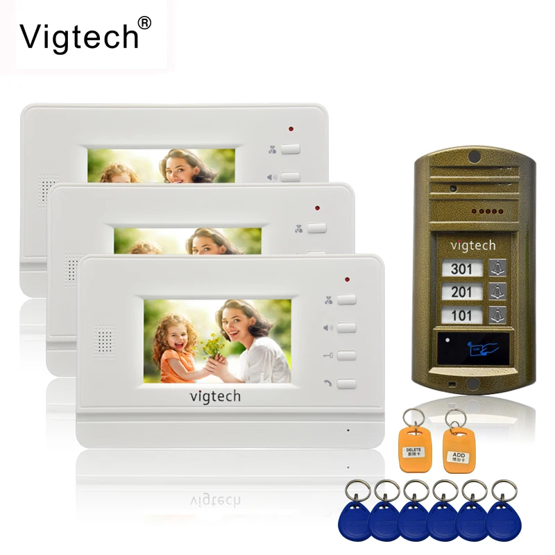 Vigtech 4.3'' color video door phone 3 monitors with 1 intercom doorbell can control 3 houses for multi apartment RFID Camera