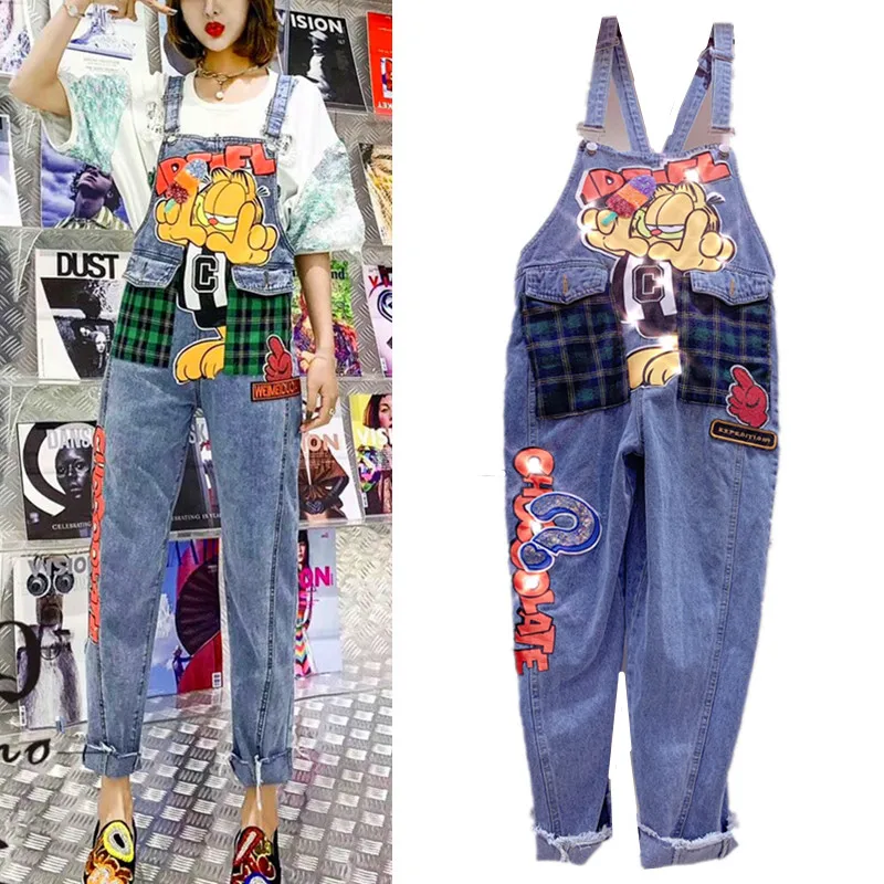

Spring Fall Young Ladies Cool Jumpsuit Women Pockets Cartoon Letters Appliques Loose Casual Denim Romper Jumpsuits Overall NZ21
