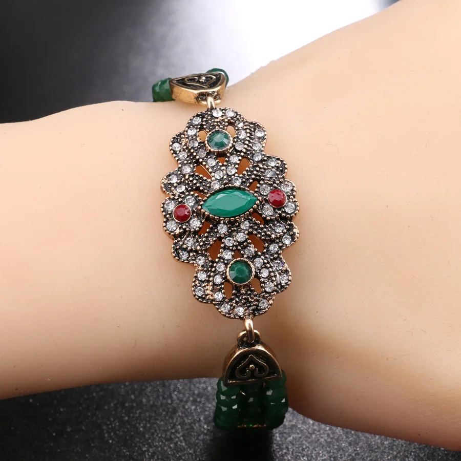 

Kinel Vintage Jewelry Unique Hand Made Green Crystal Beads Bracelet For Women Color Gold Fine Gift