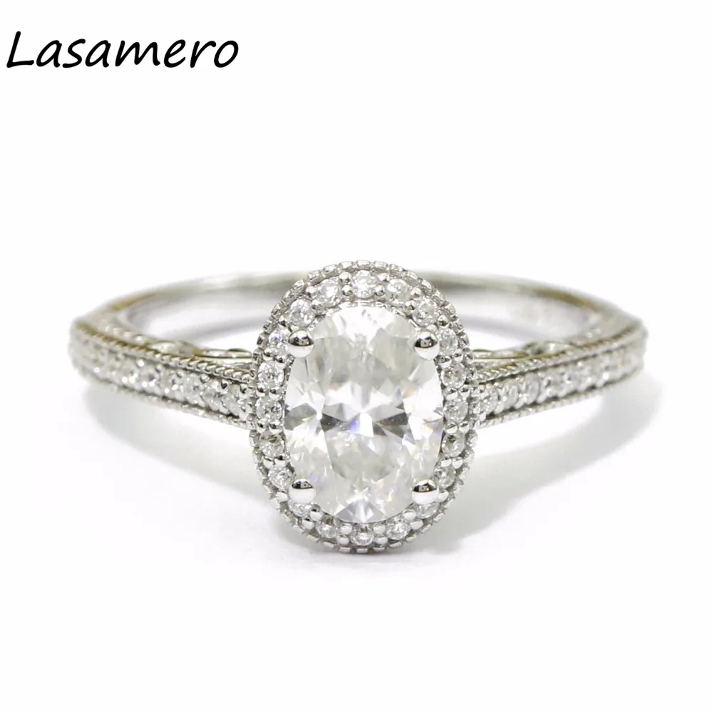 

LASAMERO 7*5MM Luxury Oval Cut Simulated Diamond Engagement Ring 925 Sterling Silver Halo Accents Promise Wedding Ring