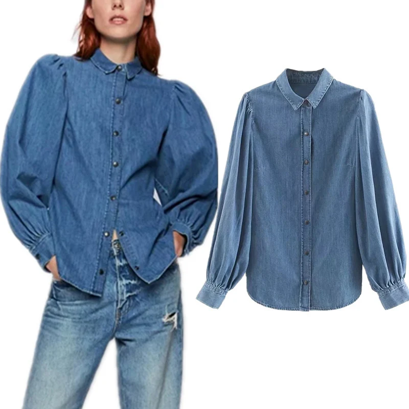 

COZARII blusas mujer de moda 2019 puff sleeve solid denim kimono blouse womens tops and blouses