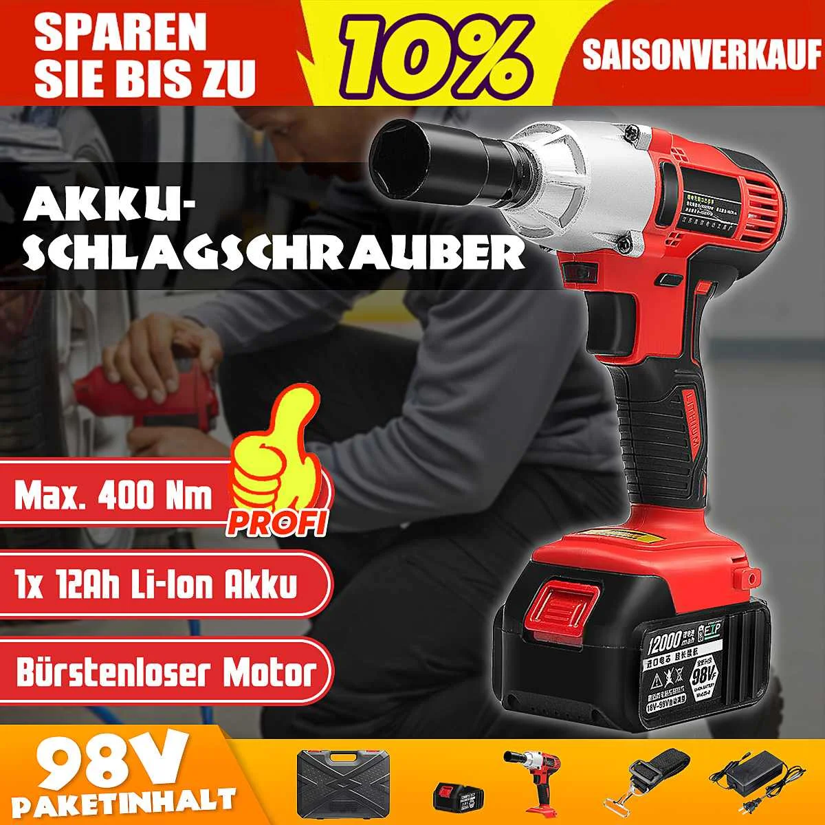 

Electric Wrench 98V 400Nm Max Torque Cordless Lithium-Ion Electric Impact Wrench Brushless Motor 5000RPM Power Tool