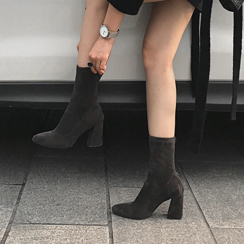 Doratasia/фирменный дизайн; ; ботинки «Челси» из коровьей замши на высоком массивном каблуке; женская обувь; популярные Брендовые женские ботинки до середины икры