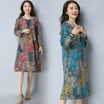 

Spring and Summer New National Wind cotton Linen Printed Round Neck Loose Medium-long Sleeve A-shaped Dress Female QD47