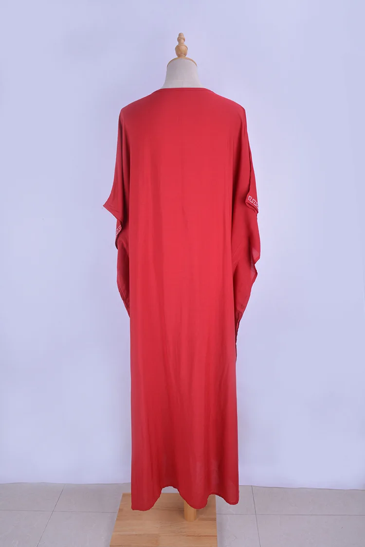 Женское летнее красное платье с длинным рукавом с v-образным вырезом из хлопка большого размера KAF