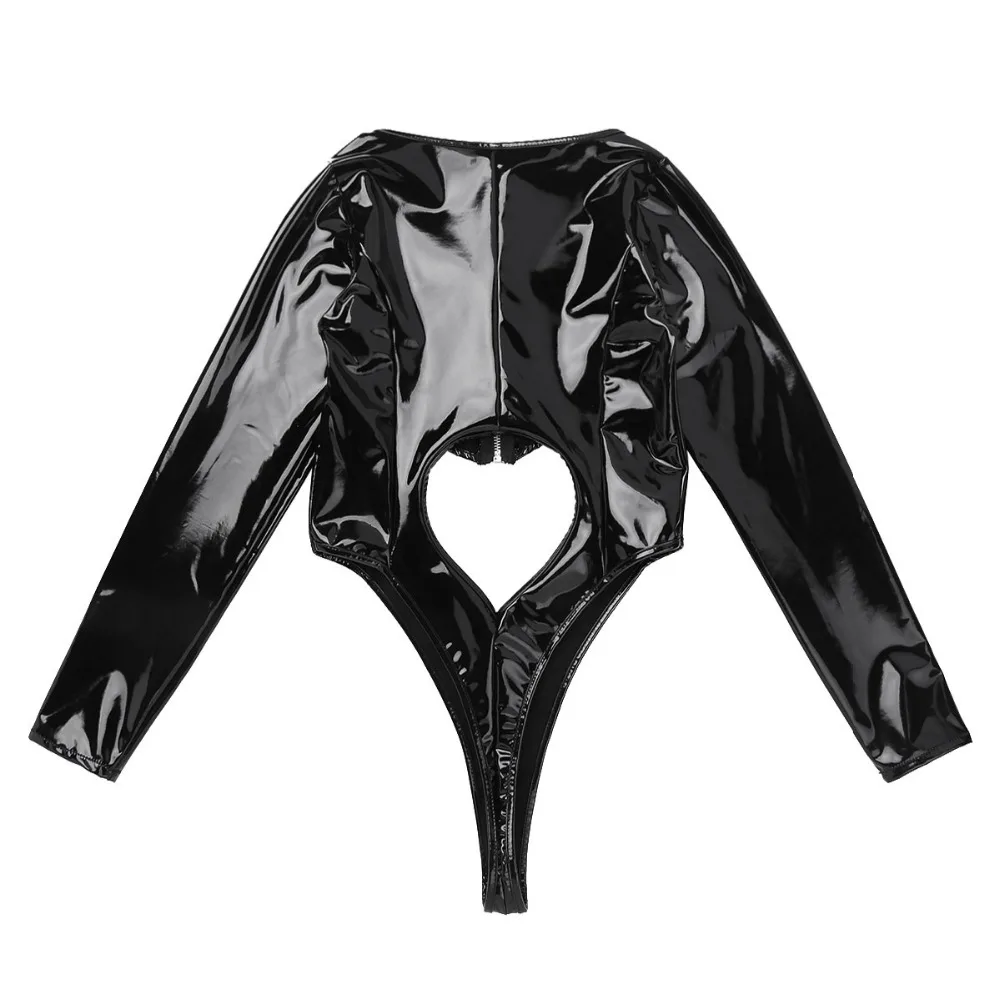 long sleeve bodysuit iEFiEL Womens Wetlook Patent Leather Catsuit Front Zipper Hollow Out High Cut Body Thong Leotard Bodysuit Sexy Night Clubwear short sleeve bodysuit