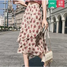 Модная отделка из оборок миди юбка с цветочным принтом в стиле ампир богема асимметричные юбки с высокой талией Летние праздничные шифоновые юбки