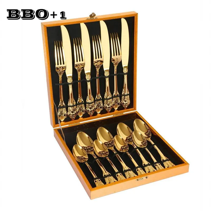 16pcs Stainless Steel Cutlery Gold Dinnerware set Luxury Golden Plated Wedding Retro Tableware Party Silverware  in  Gift Box