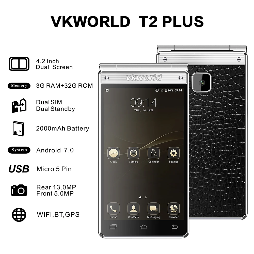 Vkworld T2 плюс 4 г Android 7.0 mtk6737 флип ядра 4.2 &quotIPS двойной Экран Оперативная память 3 ГБ