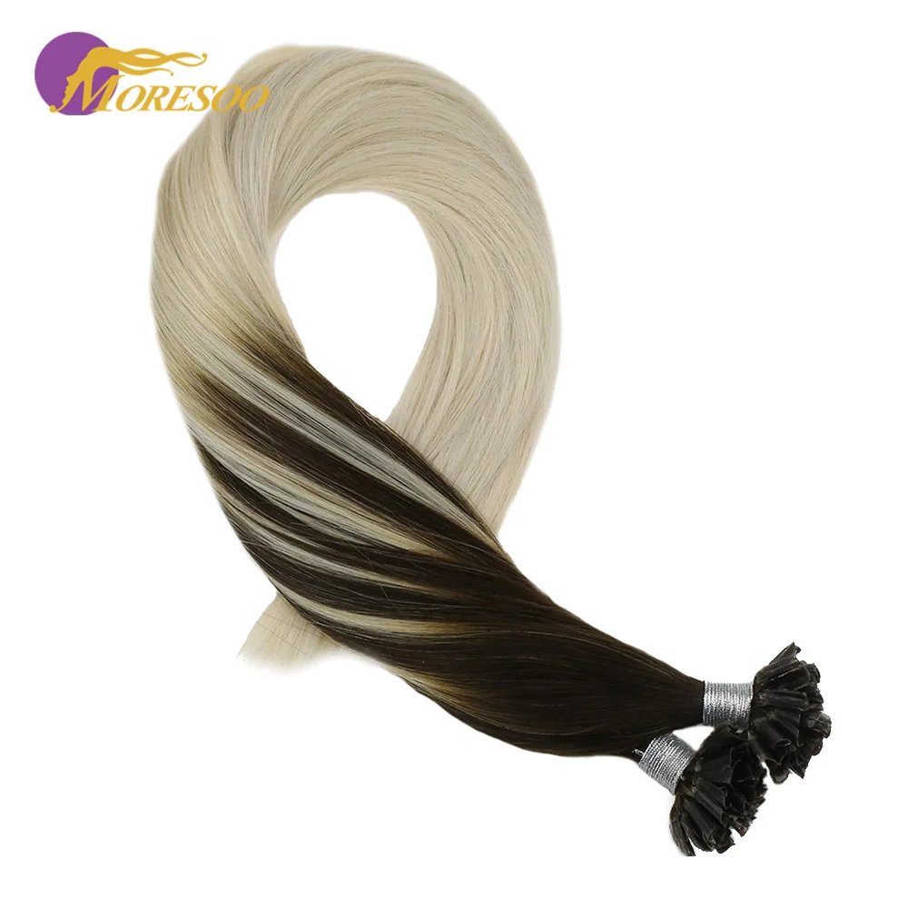 

Moresoo Pre-Bonded Nail/U Tip Hair Balayage Color Darkest Brown #2 Mixed with Blonde #60 Remy Nail Tip Hair Extension 1g/s 50G