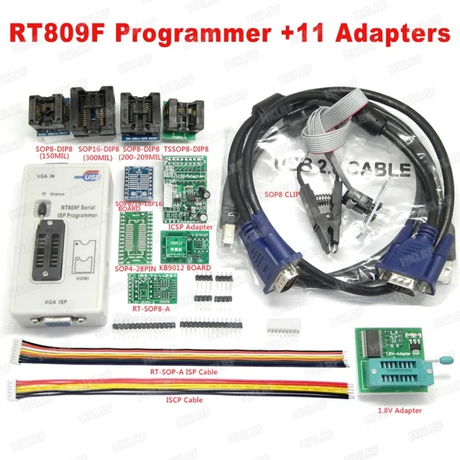 RT809F USB программатор+ 11 адаптеров с Sop8 IC клип VGA кабель использовать для материнская плата для ПК ноутбука lcd/роутеры поддержка 34C02 SPD DDR1 - Цвет: RT809F 11 Adapters